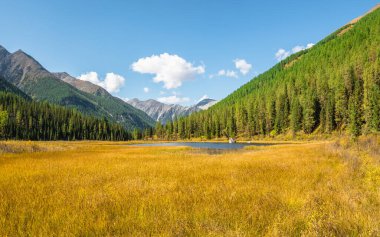 Güneşli bataklık sonbahar platosunun panoramik manzarası. Güneşli tepeler ve dağ sırasına karşı kayalar arasında buzul gölü olan muhteşem dağlık arazi manzarası..