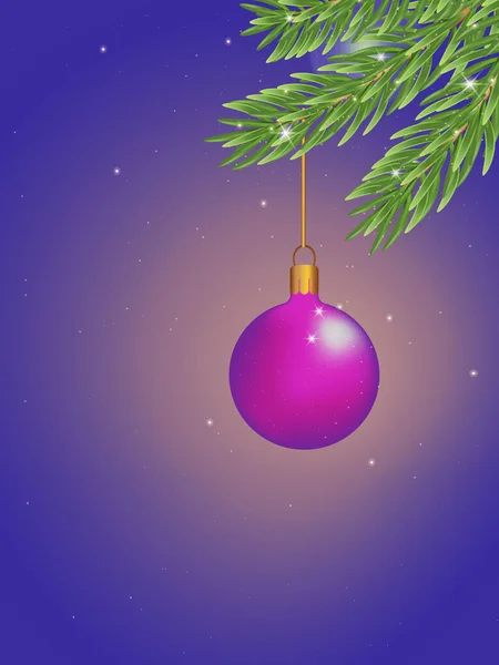 モミの枝とお祝いの紫色のボールとクリスマスの青の垂直背景 お祝いの装飾が施されたクリスマスフレーム コピースペース — ストック写真