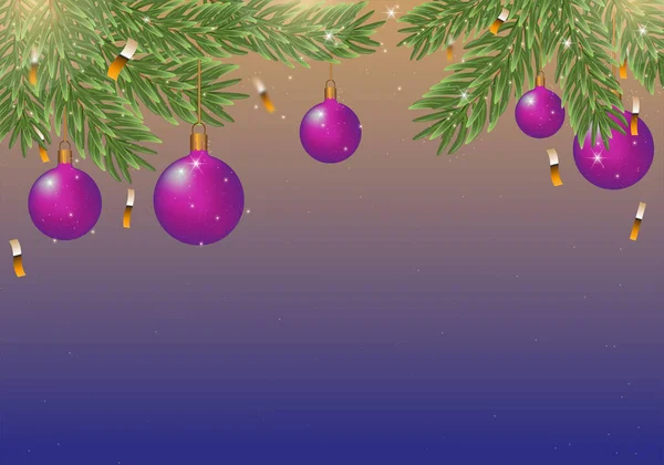 モミの枝やお祝いの紫色のボールの装飾と火花クリスマスダークブルーの背景 お祝いの装飾が施されたクリスマスフレーム コピースペース — ストック写真