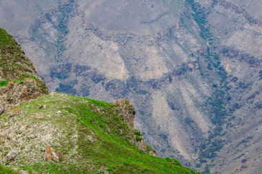 Uçurumun kenarında, tehlikeli bir vadi. Görkemli dağların yüksek tepeleri. Yağmurlu yüksek platoda güzel minimalist manzara.