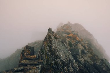 Yumuşak odaklanma. Alçak bulutların üzerinde karlı dağ zirveleri olan harika minimalist manzaralar. Atmosferik minimalizm, bulutlu gökyüzünde büyük kar dağlarının tepeleri..