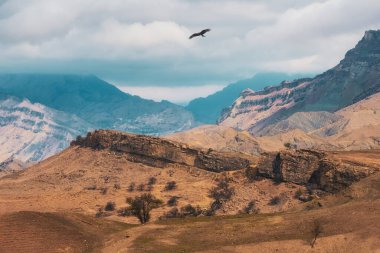Kumlu dağlarda seyahat et. Dağ yapısı, dağ arazisi. Büyük kayalık dağların siluetleri ve destansı derin vadilerle dolu güneşli bir sabah manzarası.. 