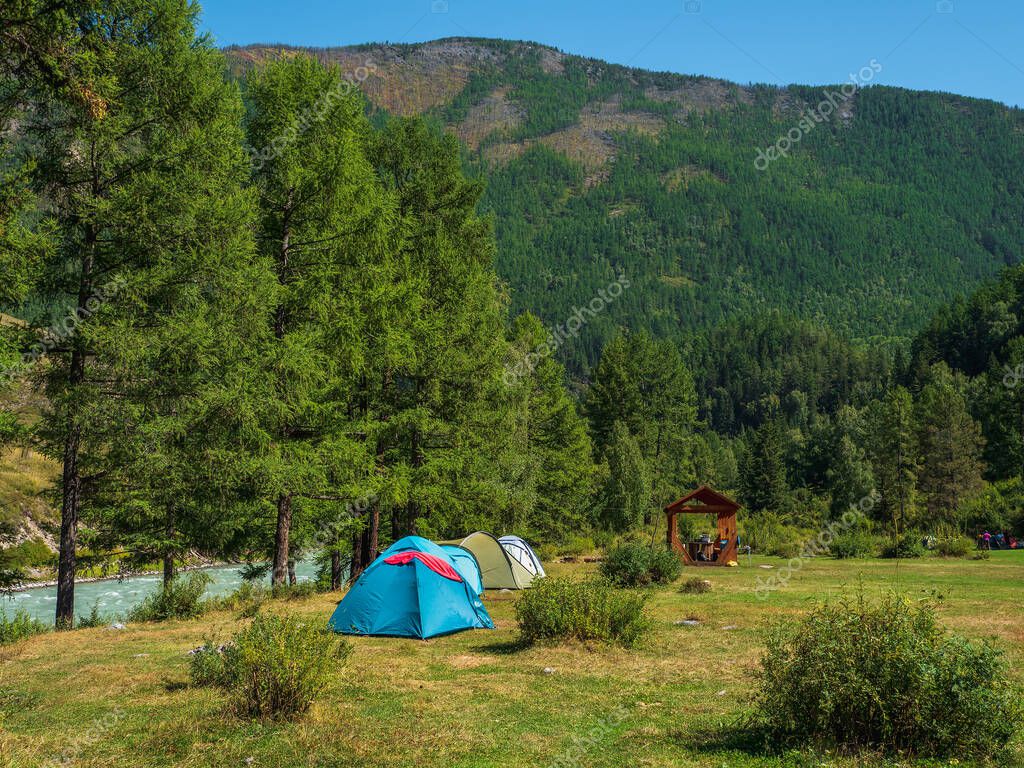 Camping colectivo en un lugar verde ecológico. Tiendas turísticas en un ...