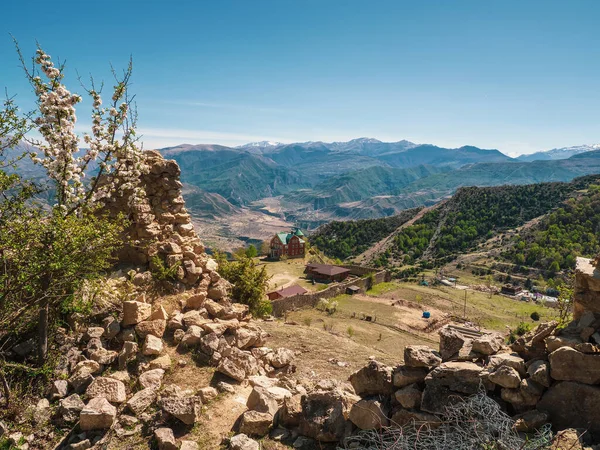 一座远眺高山山谷的古城堡的城墙被毁 Gunib要塞是春天里达吉斯坦的一座历史性纪念碑 — 图库照片