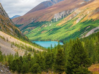 Atmospheric landscape with azure mountain lake against high mountain range in sunlight in low clouds. Dramatic evening view to alpine lake and large sunlit cedar forest mountains.