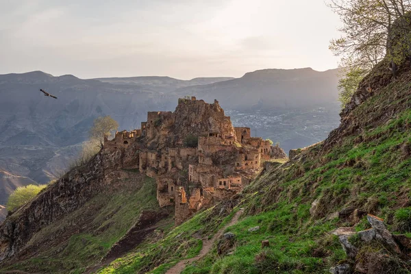 Sights of Dagestan. Abandoned ethnic aul in spring. Old abandoned ghost town of Gamsutl, Dagestan, Russia.