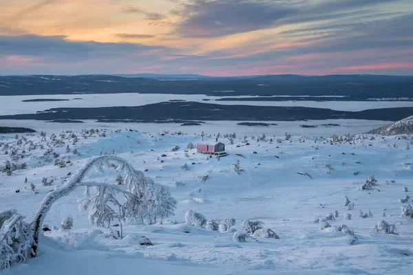 Hora Invierno Cabañas Invierno Por Noche Dubldom Montaña Volodyanaya Kandalaksha — Foto de Stock