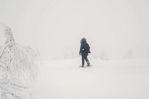 Soft Focus Polar Expedition Lonely Traveler Snowshoes Walks Snowy Slope — Stock Photo, Image