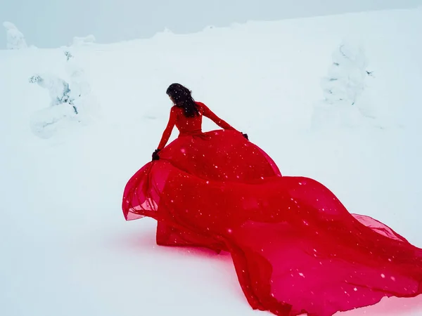 Mulher Bonita Nova Vestido Vermelho Longo Sobre Fundo Colina Inverno — Fotografia de Stock