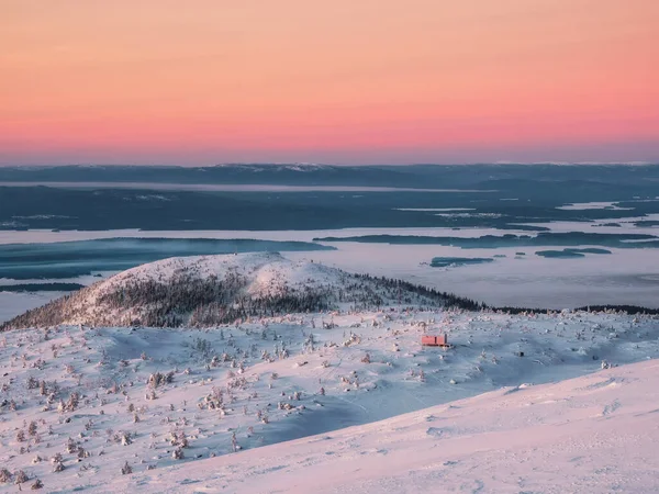 Hermoso Atardecer Ártico Escénico Cielo Colorido Amanecer Hora Invierno Cabaña — Foto de Stock