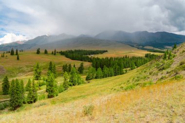 Yaz platosundaki yağmurdan sonra güneş. Yeşil vadideki dramatik yağmurlu dağ manzarası ve alçak bulutlardaki koyu dağ keskinlikleri. Alçak bulutlardaki sivri dağların atmosferik muhteşem manzarası.