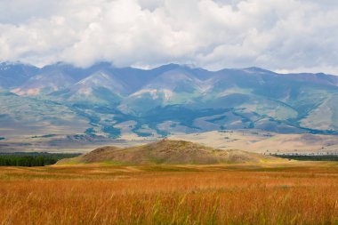 Viewing platform in the Kurai steppe in Altai. Dramatic rainy alpine landscape in green valley and mountain sharps in low clouds. Atmospheric awesome view to pointy mountain in low clouds.