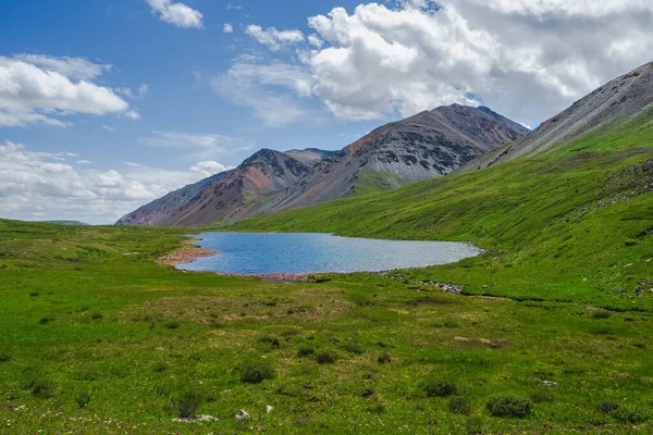 Green alpine landscape with mountain lake in green valley in summer under blue sky. Awesome highland scenery with beautiful glacial lake among sunlit hills and rocks against mountain range.