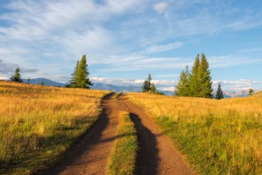 Beautiful golden mountain landscape with long dirt road through sunlit steppe to large mountains in white clouds on blue sky. Length road in big mountains.