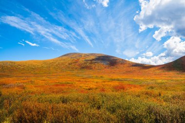 Yamaçlarda altın ışığı olan minimalist, güzel dağ manzarası. Mavi gökyüzünde aydınlatıcı rengi olan manzaralı dağ manzarası.
