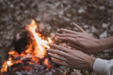 Bir kadın, kamp alanında bir yangında ellerini ısıtıyor. Ormana yolculuk.
