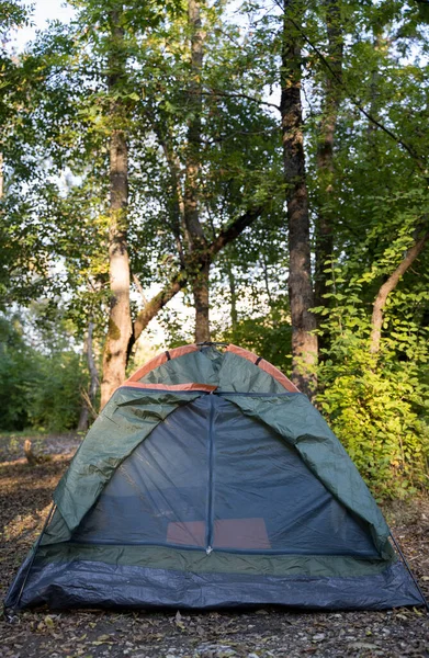 Piccola tenda verde singola nel bosco. Nessuna gente. Tramonto nella natura — Foto Stock