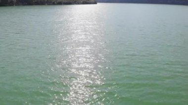 Güzel, sakin, yeşil bir göl, hava manzarası. Ağaçlar, dağ gölünün panoramik manzarası