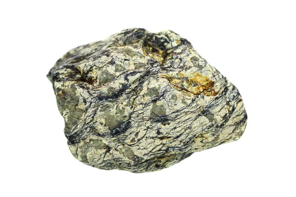 白色背景的东南亚天然粗蛇纹石 一种由蛇纹石族矿物 安蒂戈里石 利扎德石和温石棉 组成的变质岩 — 图库照片