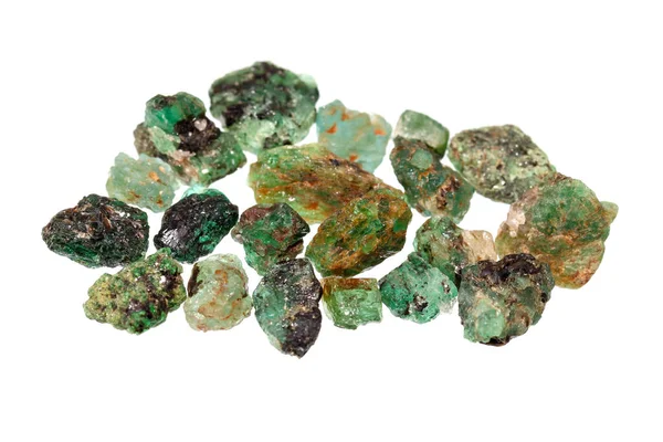 Closeup Natural Rough Zambian Emeralds Gemstone White Background — Zdjęcie stockowe
