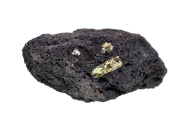 Scoria volcanic igneous rock with olivine/peridot gemstone crystal on white background