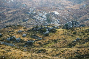 Abadin Lugo Galiçya 'daki Xistral Sıradağları' ndaki çayırlar arasındaki granitik kaya ve kubbeler