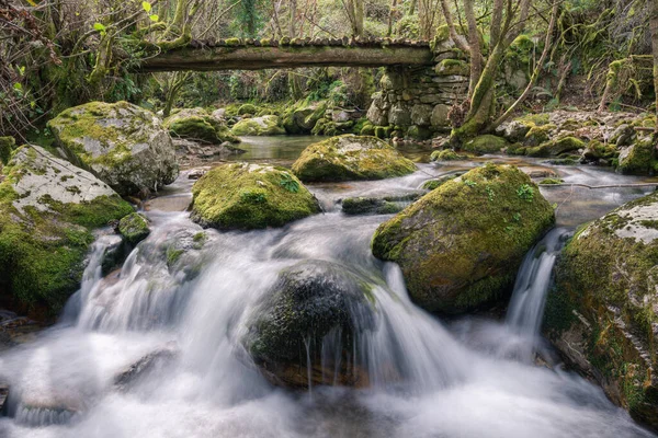 Old Precarious Wooden Bridge River Courel Mountains Geopark Lugo Galicia — Foto de Stock