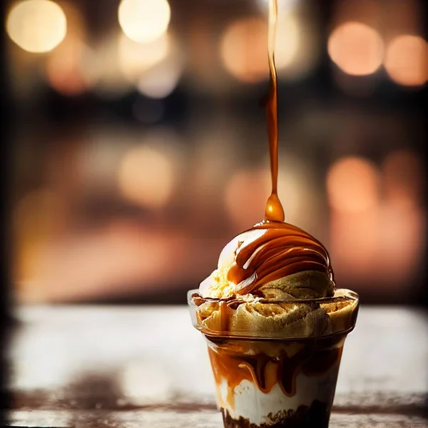 Delicious caramel ice cream dessert with caramel syrup being poured on top. Indulgent treat.