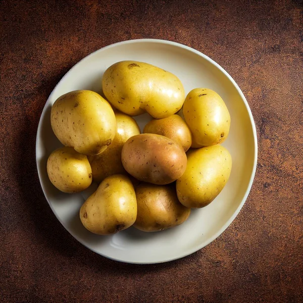 Assortment Potatoes Beautifully Presented White Plate Dark Brown Table — Stock Photo, Image