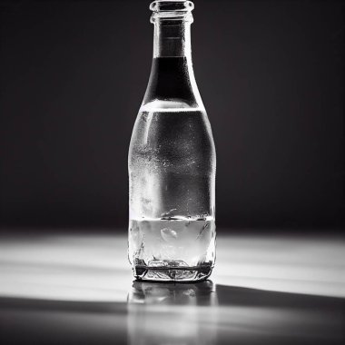Masanın üzerinde koyu arkaplanı olan küçük cam su şişesi..