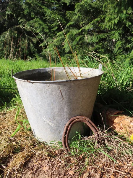 Viejo Cubo Metal Oxidado Con Agua —  Fotos de Stock