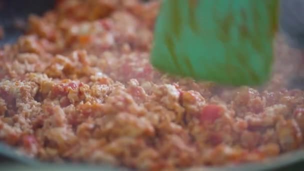 ミンチ肉を攪拌 ミンチ肉はフライパンで調理している シリコーンへらでトマトとミンチチキンを攪拌 — ストック動画