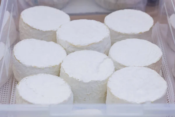 店内のカウンターでキャンベル 柔らかいチーズのバスケット ファーマーズカマンベールチーズが市販されている — ストック写真