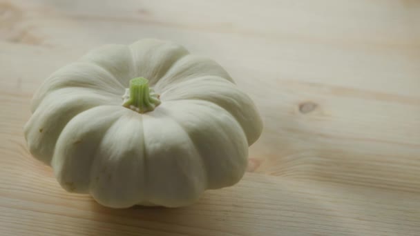 Träbord Med Vita Pumpor Vit Pumpa Trä Bakgrund Manuell Kamerarörelse — Stockvideo