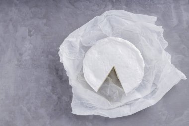 Gri çimento arka planda camembert peyniri. Kağıt üzerinde beyaz küflü yumuşak peynir. Uzayı kopyala Üst görünüm