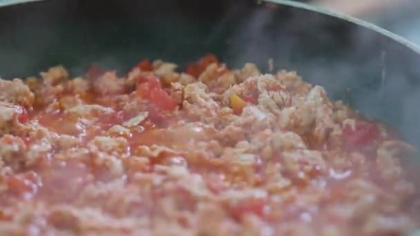 鍋にミンチ肉を揚げ クローズアップ 家庭料理でタコ肉を調理する 鍋から蒸気 メキシコ料理 — ストック動画