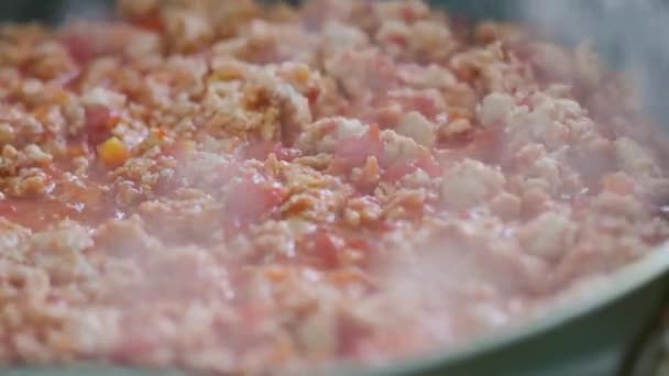 Τηγανίζουμε Κιμά Τηγάνι Από Κοντά Μαγειρεύοντας Taco Κρέας Στο Σπίτι — Αρχείο Βίντεο