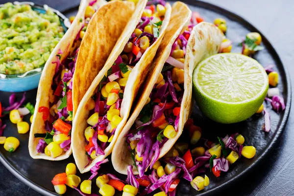 Vegetarian Tacos Various Vegetables Guacamole Lime Dark Background Tacos Sweet — Stock Photo, Image