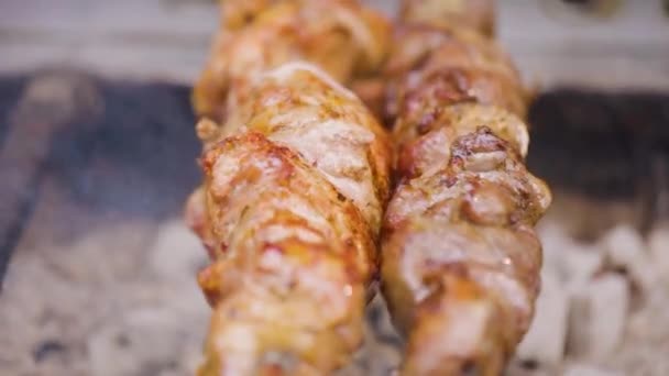 Barbacoa Carne Pinchos Brochetas Rotación Automática Carne Girando Pincho Comida — Vídeo de stock