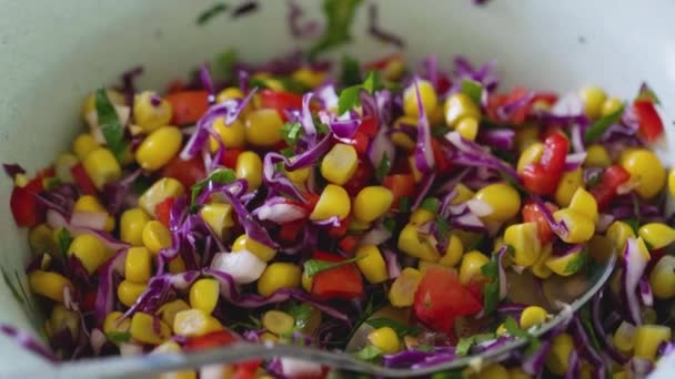 Vegetáriánus Saláta Különböző Zöldségekből Saláta Főtt Kukoricából Lila Káposztából Harangpaprikából — Stock videók