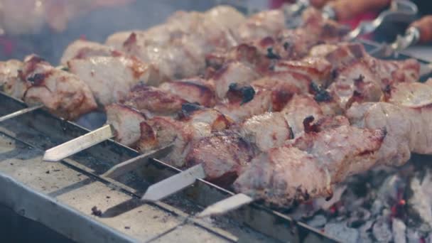 串焼きに肉を炒めバーベキュー バーベキューの串焼きに豚肉のケバブを焼く ストリートフード — ストック動画