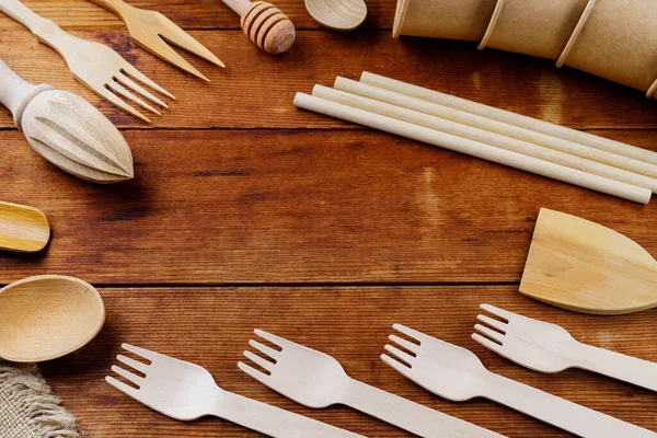 Different Wooden Kitchenware Wooden Table Wooden Cutlery Old Planks Bamboo — Stock Photo, Image