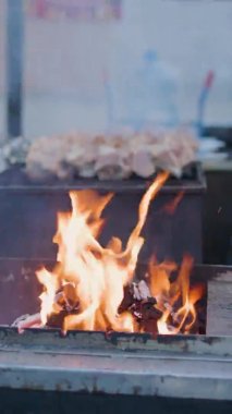 Yakacak odun. Izgaradaki ateşin alevi. bbq Grill 'de alevler yanıyor. Dikey biçim