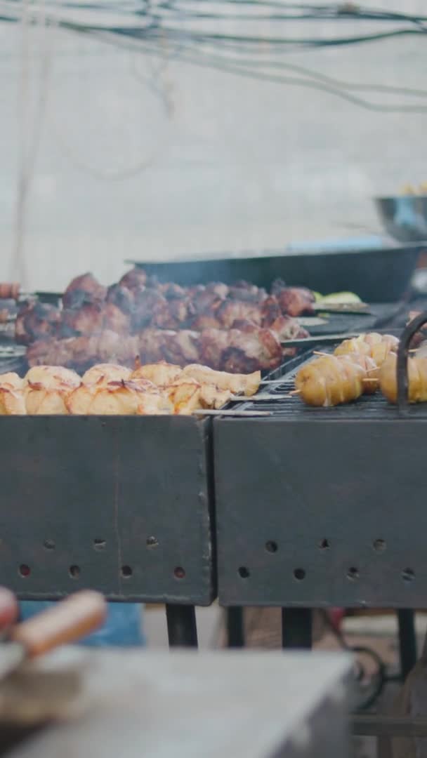 Virar Batatas Num Espeto Cozinhar Batatas Fritas Churrasco Grelhar Carne — Vídeo de Stock