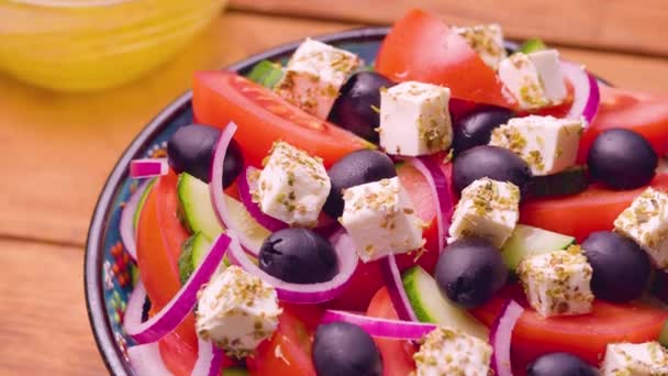 Greek Salad Bowl Wooden Boards Camera Moves Greek Salad Summer — Stock Video