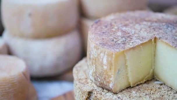 Têtes Fromage Rondes Gros Plan Magasin Laiteux Produits Laitiers Écologiquement — Video