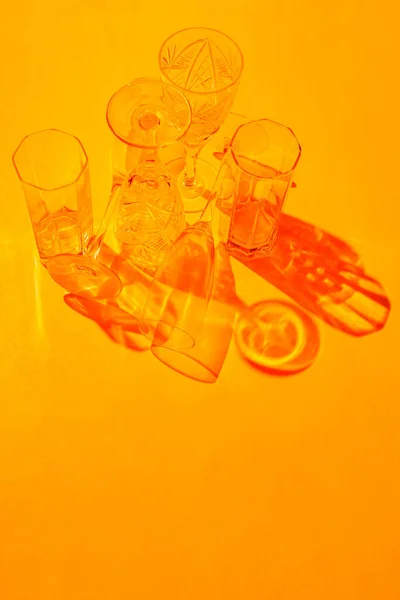 Empty Champagne Glasses Shadows Orange Background Glassware Sunset Light Minimalism — Stock Photo, Image