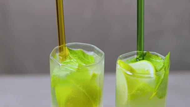 Dos Vasos Mojito Plato Blanco Cóctel Tropical Verano Accesorios Bar — Vídeo de stock