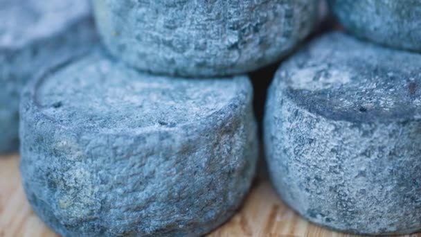 Blauschimmelkäse Käseköpfe Rund Auf Der Theke Der Verkauf Von Bauernkäse — Stockvideo