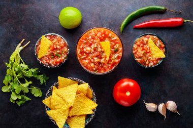 Salsa sosu ve malzemeler. Ev yapımı Meksika salsa sosu ve koyu arkaplanda tortilla cipsi. Üst görünüm
